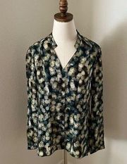 Nic & Zoe Silk Blouse Women Medium‎ Blue Green Long Sleeve Abstract Tunic EUC