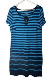 Talbots Womens Stripe Shift Dress Size M Blue Scoop Tie Neck Sailor Knee Length