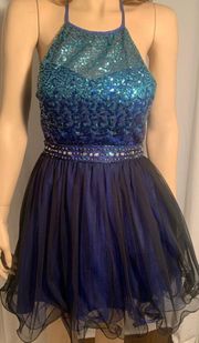 WOMENS SIZE 5  FORMAL PROM BLUE SEQUIN BEADED RHINESTONE MINI DRESS