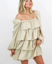 WeWoreWhat Crinkle Chiffon Crème Bruilee Tiered Mini Dress Size S