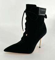 Scandal Black Suede Lace Up Gold Heel Point Toe Booties