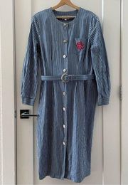 VTG 1980'S  COLLECTION CO. DENIM STRIPES BELTED EMBROIDERED DRESS SIZE 16