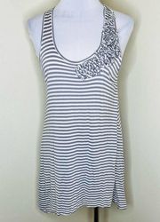 Cabi Tunic Tank Top SMALL Striped Gray White Ruffle Handkerchief Hem Scoop Neck