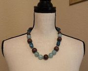 Signed NY New York & Company Blue Brown Bead Costume Necklace Adjustable Length