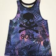 SOULCYCLE SKULL BLACK PURPLE LEAF TROPICAL UNISEX PERFORMANCE MESH TANK TOP M