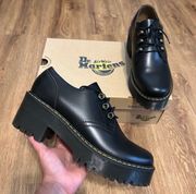 DR MARTENS Leona Lo Black Leather Platform Heels Oxfords Shoes New 