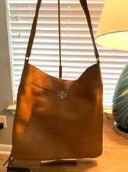 Tory Burch Camel Colored Leather Shoulder Bag zipper on all sides