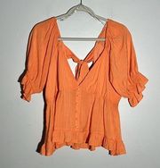 Lily Star Peach Orange Crop Ruffle Boho Puff Sleeve Tie Back Top