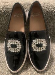 Black Patent Slip On Shoes with Blingy Decor