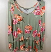 Absolutely Famous Green Smocked Waist Long Sleeve Floral Top