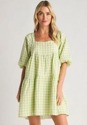 Lush Gingham Plaid Green Spring Dress Easter Jacquard Balloon Sleeve Large Lime