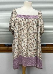 2X // Suzanne Betro NWT Beige Lavender Floral Signature Print Flutter Sleeve Top