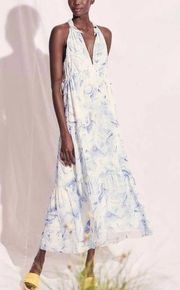 NWT Saylor Annela Sleeveless Tiered Ruffle Midi Dress M in Marble Blue White