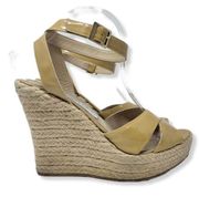 Jimmy Choo Phoenix Espadrille Jute Nude Patent Platform Wedge Ankle Strap 40.5