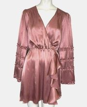 Peach Love California Satin Ruffle A-Line Mini Dress Mauve Pink Size Large NWT