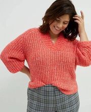 Anthropologie Wool Blend Sweater V-Neck Pink Coral Small Oversized V-Neck Ribbed