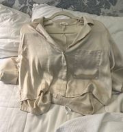 Beige Satin Short Sleeve Button Up