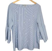 blue white striped pearl embellished blouse size XL