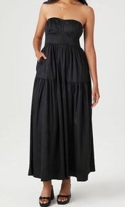 Poplin Pintucked Strapless Midi Dress