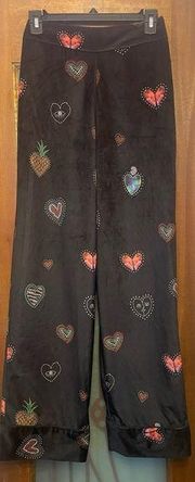 Farm Rio Benicia Wide Leg Black Velour Pull On  Elastic Waist Pant Hearts Motif