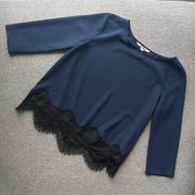 BB Dakota // Blue With Black Lace Trim Blouse