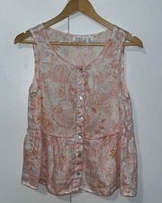 Sigrid Olsen 100% Linen Sleeveless Top Blouse Size S Small Pink Orange Floral