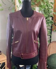 IRO Broome Oxblood Leather Collarless Zip Up Moto Jacket - Size 40 / US 8