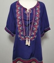 Simply Couture blue embroidered tassel tie tunic size large