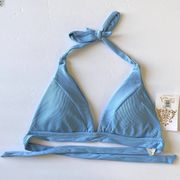 Becca Swim Bikini Top Womens Large Blue Triangle Ribbed Halter Tie Swimwear NWT