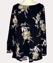 Susan Graver High Low Slinky Knit Blouse Top Floral Black Gold XS