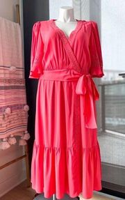 Kobi Halperin Elaine Flamingo Short Flutter Sleeve Wrap Midi Dress Women’s XL