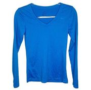Nike Women's Dri-Fit Legend Long Sleeve V Neck T Shirt Blue Size XS