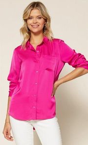 Women’s Hot Flamingo Satin Button Down Shirt Size Med