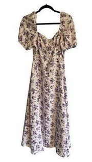 Loness Size XL White Purple Puff Sleeve Floral Maxi Dress