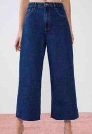 ZARA Jeans Culotte Womens High Waist Wide Leg Crop Dark Wash Denim Raw Hem size