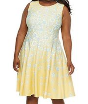 Danny & Nicole Yellow Aqua Floral Scuba Fit & Flare Midi Dress Size 6