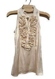 NEW ANTHRO DREW SILK CREAM WHITE SATIN RUFFLE NECK SLEEVELESS FLORAL ROSE TOP XS