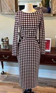 Houndstooth Dress Long Sleeve Mid Calf Crimson Red Womens Medium New