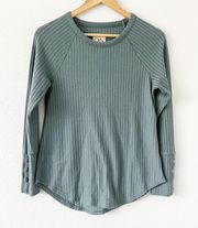 Blue Waffle Knit Thermal Button Long Sleeve Tee Shirt Tunic Top