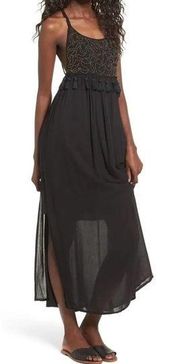 Raga NWT  Dress Black Open Strappy Back Tasseled Bronze Beaded Maxi Women's Large