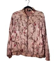 Haute Hippie SZ L Clara Bomber Jacket Pink Floral Satin Zip Ruffle