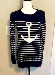 Nautica|| Navy/ white striped nautical long sleeve cotton sweater with anchor.