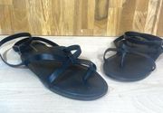 Anthropologie Black Leather Thong Flat Sandal Ankle Wrap 9