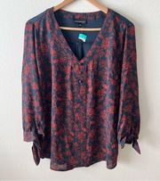 New Fortune + Ivy L Stitch Fix Navy Orange Floral Print Top Career Tie Sleeve