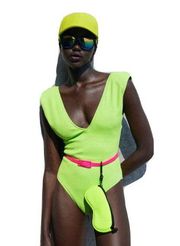 NWT Zara Lime Green Textured Swimsuit Plunge Neckline Shoulder Pads