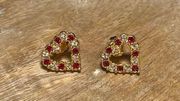 Vintage Avon Heart Love Red & White Rhinestone Gold Tone Stud Earrings