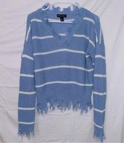 Streetwear Society Blue Striped Fringe Trim V Neck Pullover Sweater size large