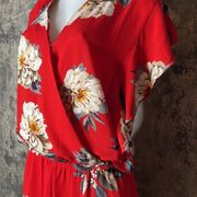 Umgee | Red Floral Faux Wrap V Neck Flutter Hem Shorts Romper Women's