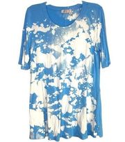 LOGO Lori Goldstein Bleach Dye Short Sleeve Tunic Top with pockets blue