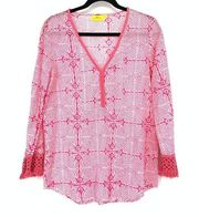 Roberta Roller Rabbit Top Women's Size S Geometric Floral Long Sleeve Pink White